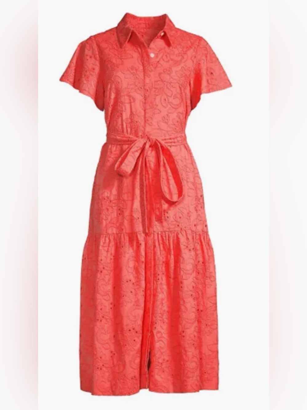 Rachel Parcell Coral Eyelet Midi Dress Cotton Tie Waist MD Preppy Feminine Chic
